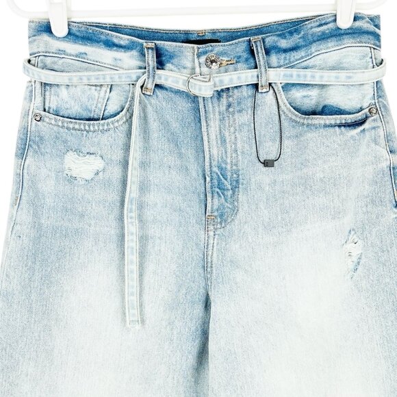 Express Women's 90s High Rise Distressed Belted Blue Denim Bermuda Size 4 NWOT - Picture 3 of 12